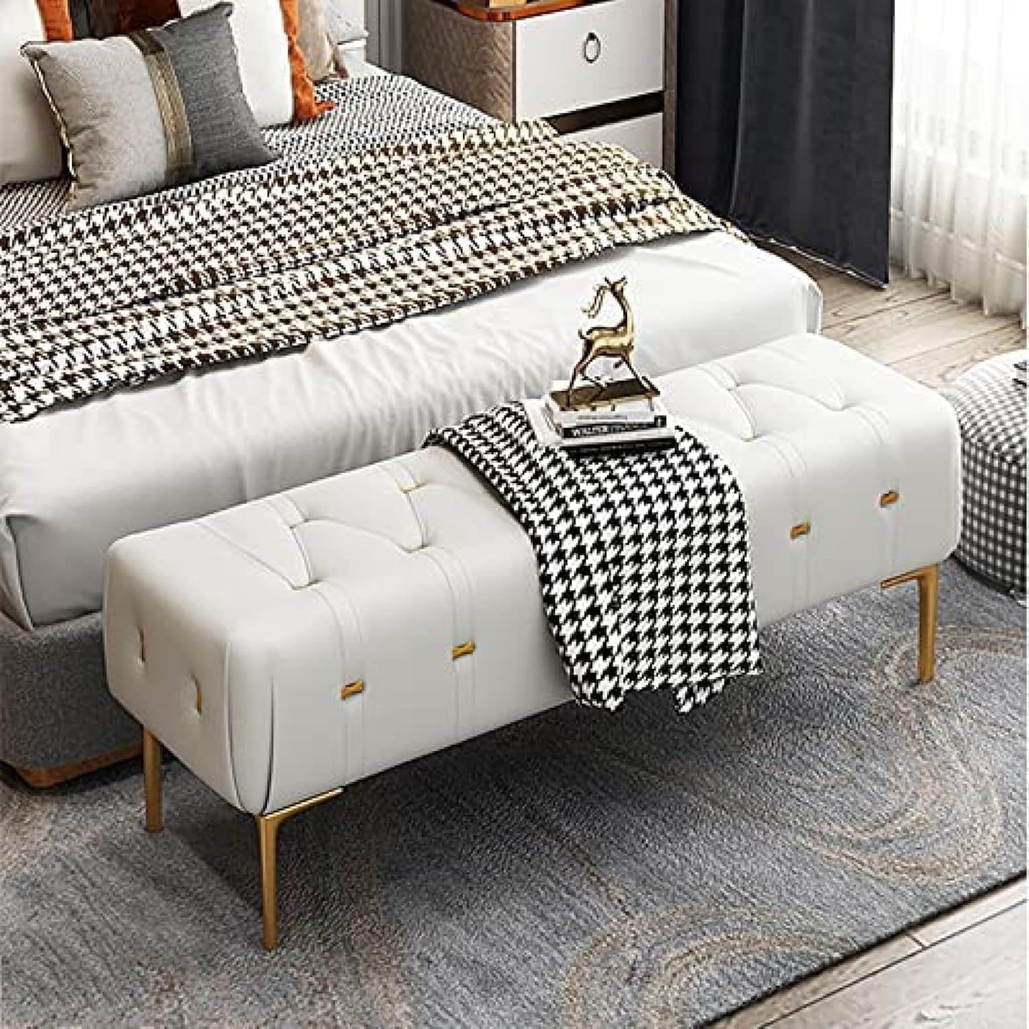 Luxuriöses Bett-Beh, mit Leder gepolstertes Beh-Schlafzimmer-Beh mit goldenen Beinen, Eingangs-Beh, moderner Beh-Sitz, hellgrau, 120 x 40 x 43 cm (47 x 16 x 17 Zoll)