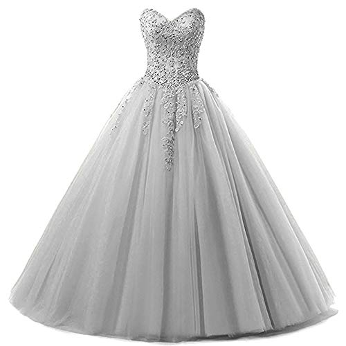 Zorayi Damen Liebsten Lang Tüll Formellen Abendkleid Ballkleid Festkleider Silber Größe 34