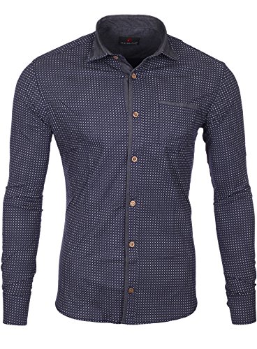 Reslad Herren Hemd Design Slim Fit Kontrast-Kragen Langarmhemd RS-7209B Navyblau M