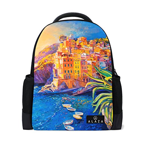 My Daily Italien Haus Boot Meer Ölgemälde Rucksack 35,6 cm Laptop Daypack Schultasche für Reisen College Schule