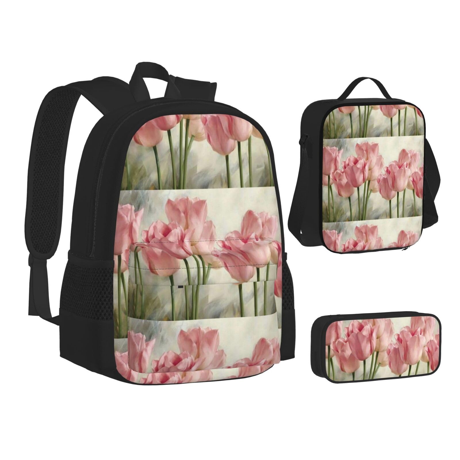 WURTON Teen Rucksack mit rosa Tulpenmuster, 3-in-1 (Federmäppchen + Schultasche + Lunchtasche)