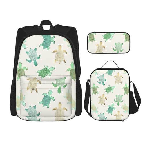 WURTON Turtle Write Print Lunchbox Federmäppchen Rucksack Set 3 Stück Verstellbare Träger Langlebig Leicht Schwarz Einheitsgröße, Schwarz , Einheitsgröße