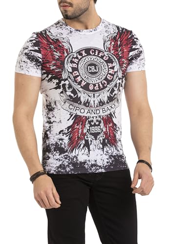 Cipo & Baxx Herren T-Shirt Kurzarm Print Rundhals Strasssteine CT666 Weiß S