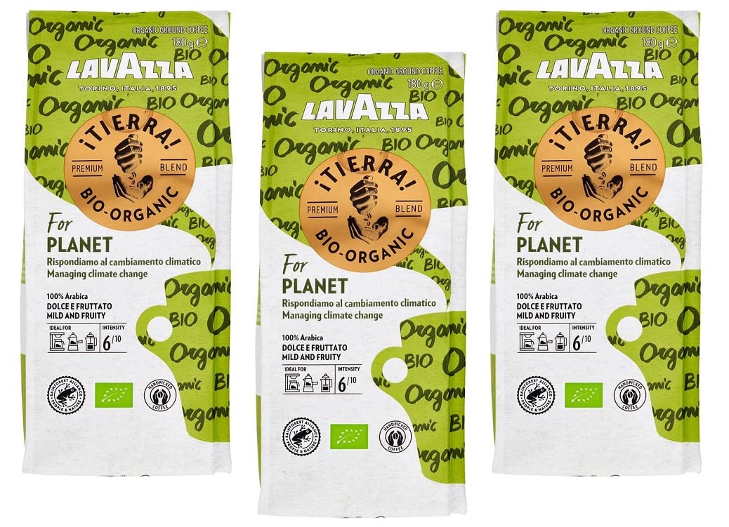 3x Lavazza Tierra Bio Organisch For Planet Gemahlener Kaffee 180g, ideal für Moka mit Blumen und Fruchtnoten Intensität 6/10, leichte Röstung