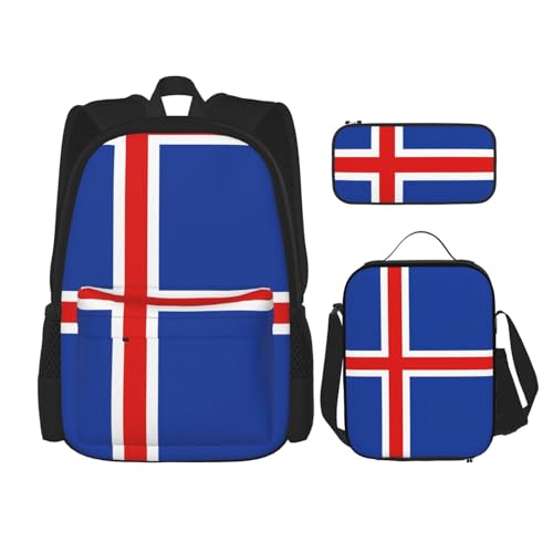 WURTON Rucksack mit Islandflaggen-Druck, für Mädchen, Jungen, Schultaschen, Teenager, Lunchbox und Federmäppchen, 3-in-1-Büchertaschen-Set, Schwarz , Einheitsgröße