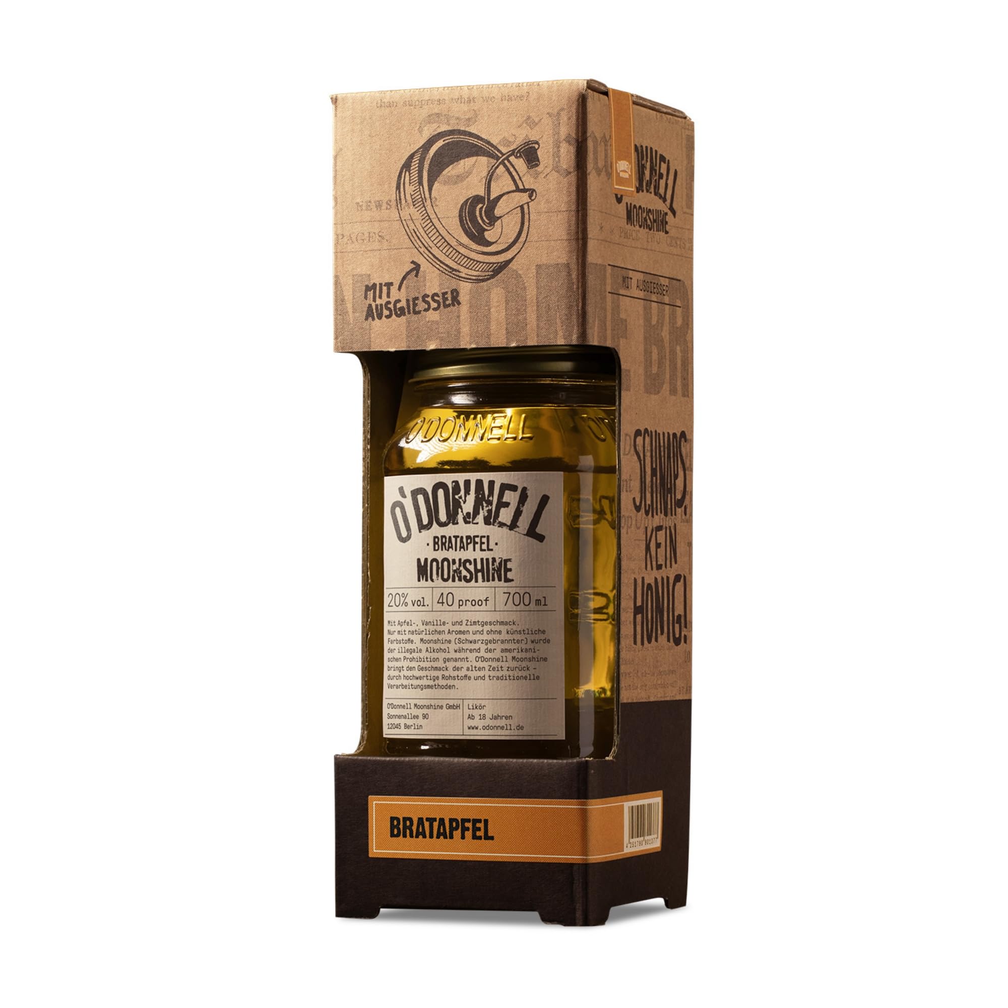 O'Donnell Moonshine Kombiset - Bratapfel Likör (700ml + Ausgießer) - Handwerklich hergestellte Spirituosen aus Berlin - Winter Edition - 20% Vol. Alkohol