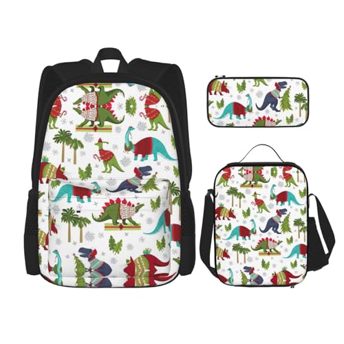 WURTON Bunte Dinosaurier-Druck Rucksack Mädchen Jungen Schultaschen Teenager Lunchbox und Federmäppchen 3 in 1 Büchertaschen Set