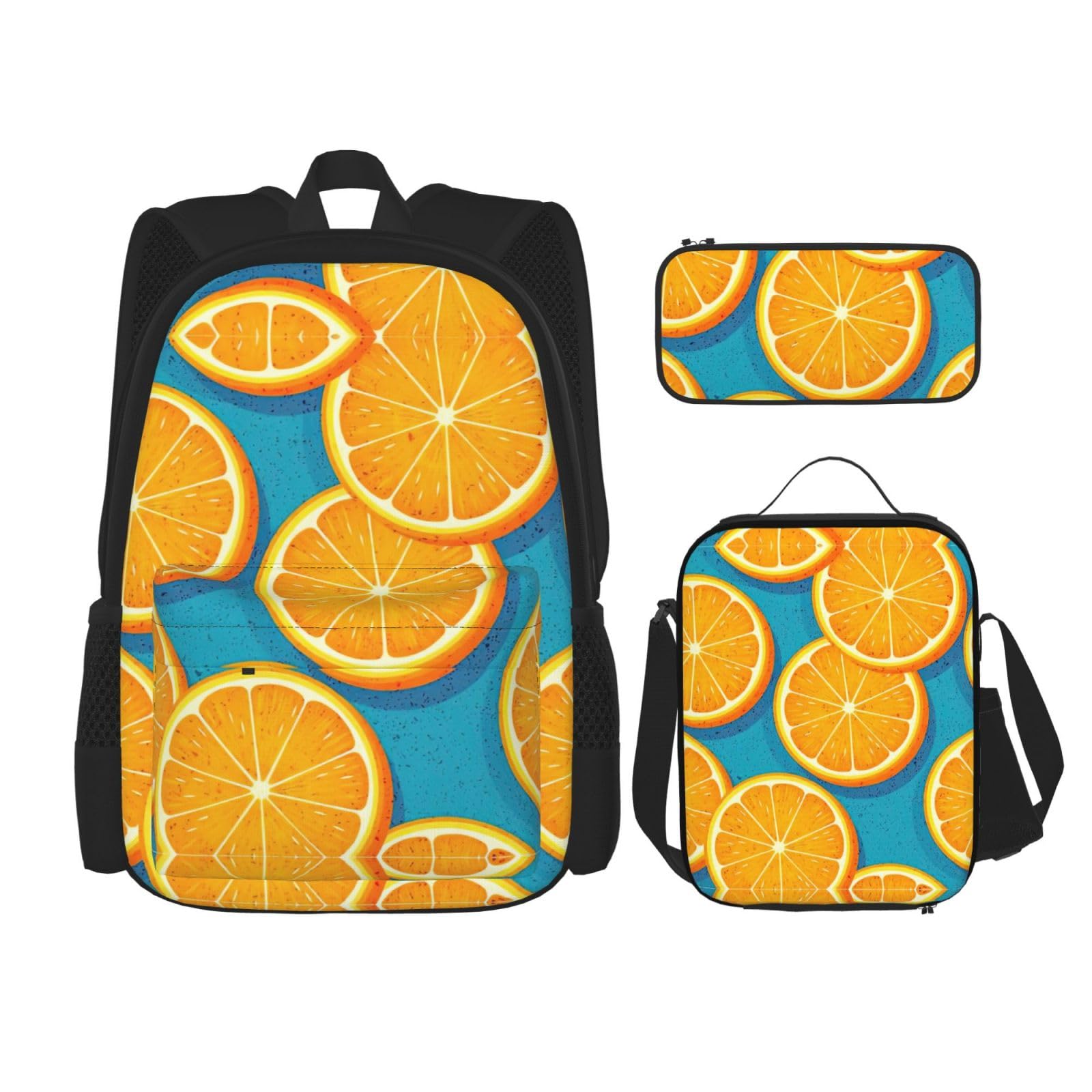 WURTON 3-in-1-Set mit frischem orangefarbenem Obstdruck, lässig, verstellbarer Schulter-Rucksack, Lunch-Tasche, Federmäppchen, Beutel, Schwarz, Einheitsgröße