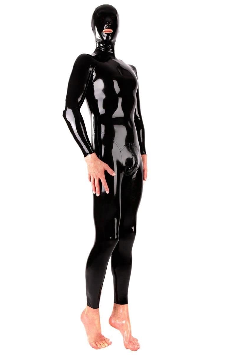 Sexy Schwarzer Latex-Fetisch-Catsuit-Bodysuit mit offenem Mund, Kapuze mit Reißverschluss auf der Rückseite, Gummikostüme, Socken, Handschuhe für Männer und Frauen