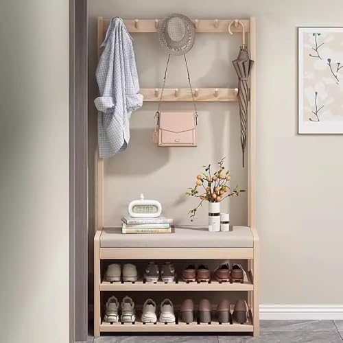 Garderobenständer mit Sitzbank, Garderobe mit Schuhschrank,Flurgarderobe mit Schuhbank und 12 abnehmbare Haken, 3-in-1 Design, im Flur Eingangsbereich Schlafzimmer, 80x31x172cm