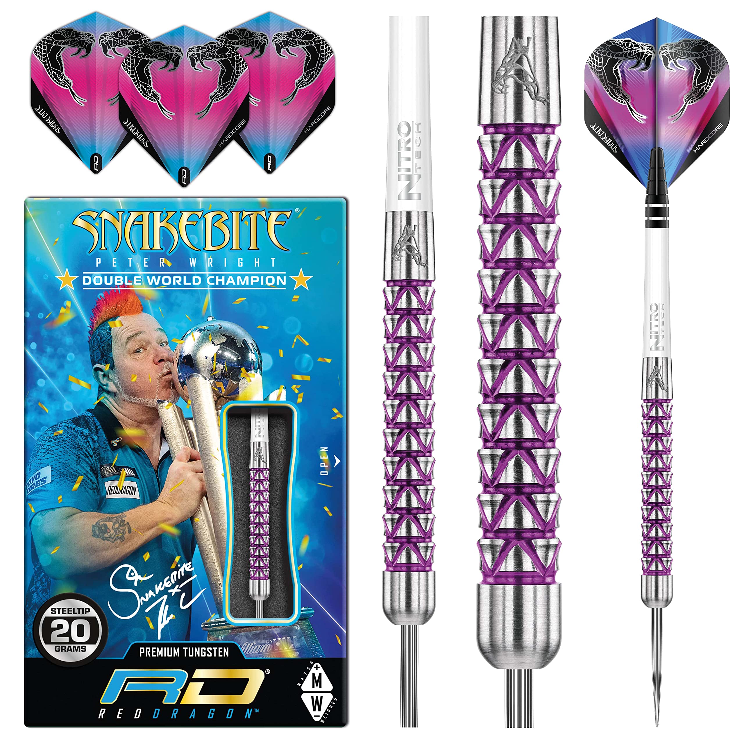 RED DRAGON Peter Wright Snakebite Vyper 20g Tungsten Darts mit Flights und Schäfte