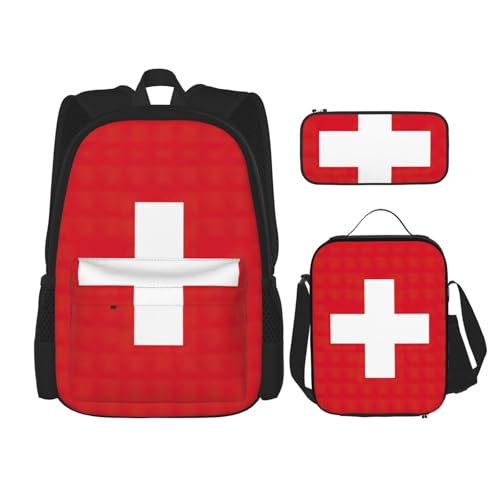 WURTON Trendige Rucksacktaschen mit Schweizer Flagge, Lunchbox und Federmäppchen, 3-in-1, verstellbares Rucksack-Set