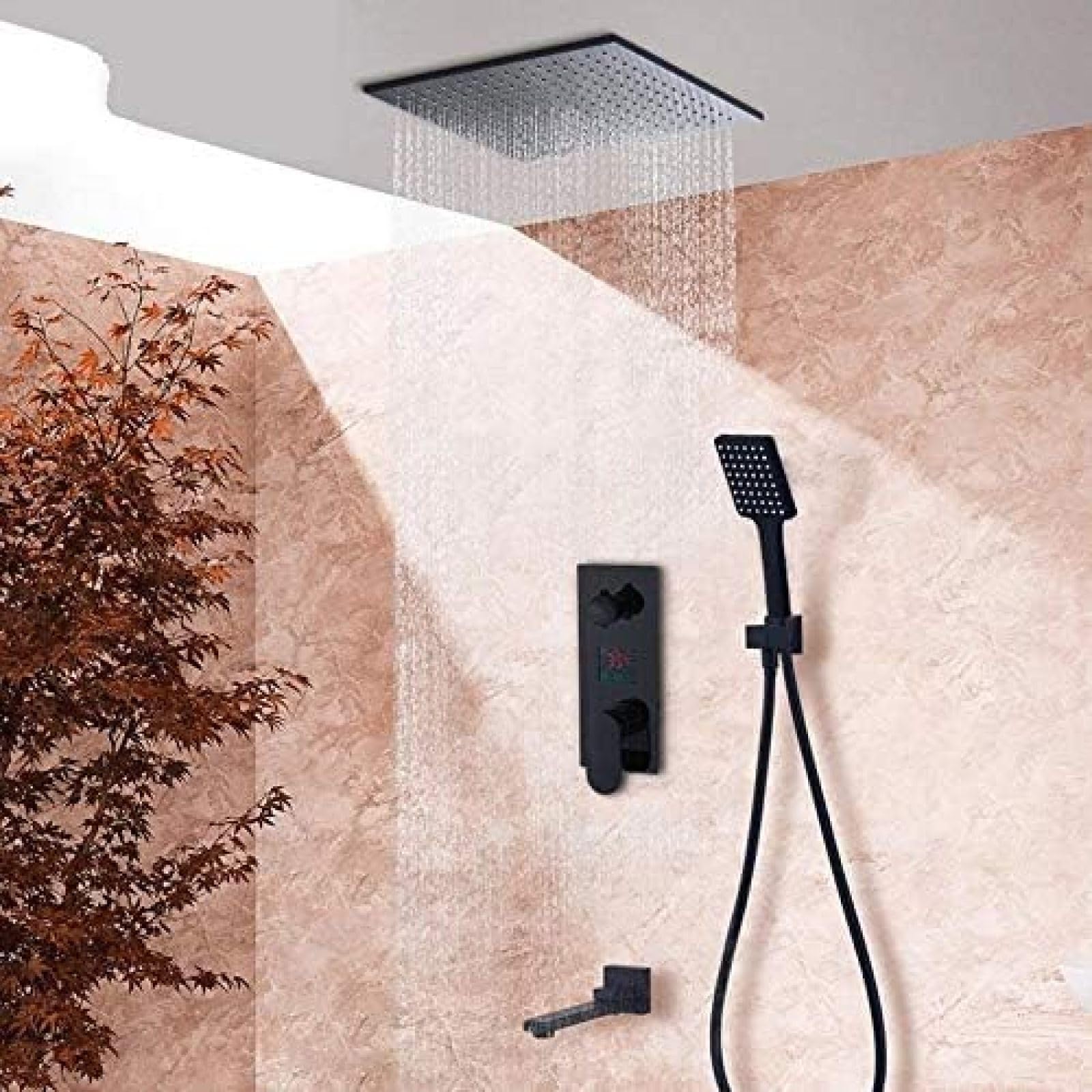 Digitale Dusche, an der Wand montierte Regendusche, schwarz, 3-Wege-Digitalanzeige, Mischbatterie, schwenkbarer Wannenauslauf, Badezimmerdusche, 12-Zoll-Komplettset, 20-Zoll-Komplettset Beauty Comes