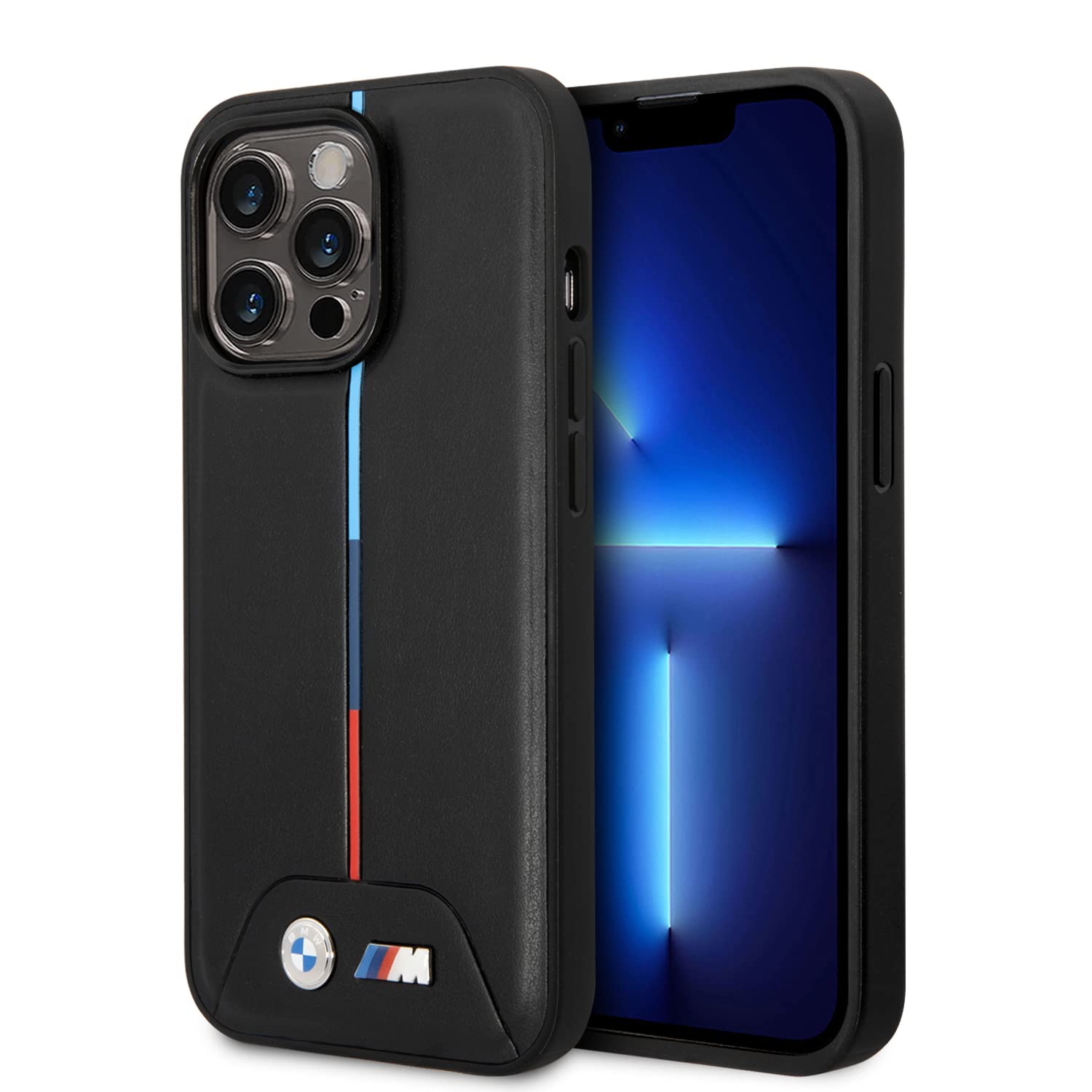 CG MOBILE BMW Handyhülle für iPhone 14 Pro Max in schwarz gesteppt mit mittleren dreifarbigen Linien, PU Leder M Kollektion, glatte Schutzhülle mit einfachem Snap-on, Stoßdämpfung & Signature Logo