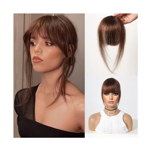 Pony Extension für Damen Echthaar-Pony-Clip-in-Haarverlängerungen über dem Kopf, braune Naturhaare, zarte Pony-Fransen-Haarteile for Frauen in Air Bangs Fringe Bangs(HLH1004-2)