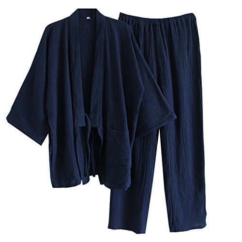 Herren Japanischen Stil Robe Krepp Baumwolle Kimono Pyjamas Morgenmantel Set-Size L Navy