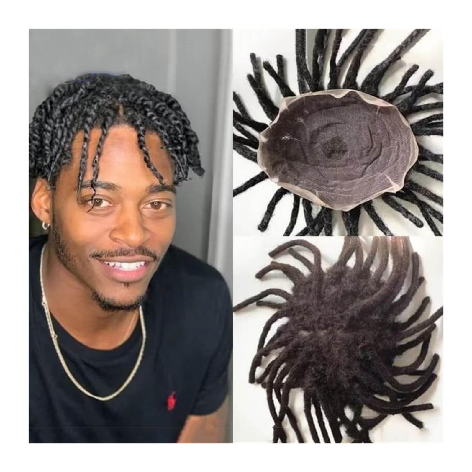 Toupet für Männer Dreadlock-Vollspitze-Toupet-Perücke for schwarze Männer, Mono-Locken-Männerhaarprothese, 20 x 25 cm, Afro-Lockenhaar-Systemeinheit, natürliche schwarze Echthaar-Herrenperücke Männer