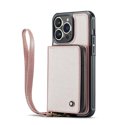 SUREKYA Brieftaschen-Schutzhülle für iPhone 15/15pro/15pro Max/15 Plus, Handgelenkschlaufe, Kreuzreißverschluss, Leder, All-Inclusive-Schutzhülle, 15Pro, Braun (Roségold, 15)