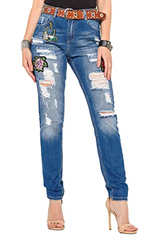 Cipo & Baxx Damen Slim Fit Jeans Hose Destroyed Used High Waist Denim Stickerei Pants WD303 Blau W27 L32