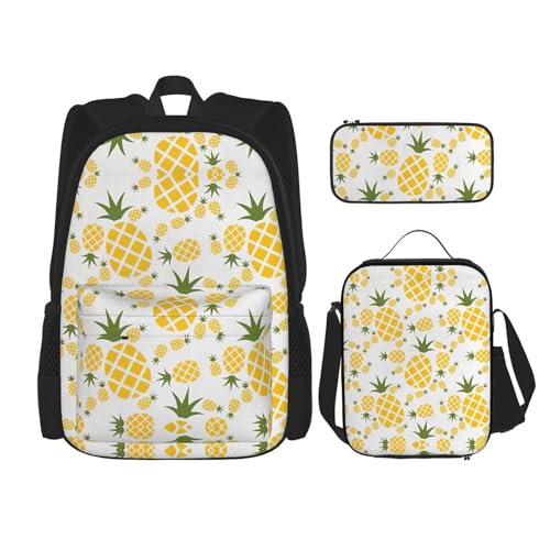 WURTON Pineapple Bedruckter Rucksack Mädchen Jungen Schultaschen Teenager Lunchbox und Federmäppchen 3 in 1 Büchertaschen Set