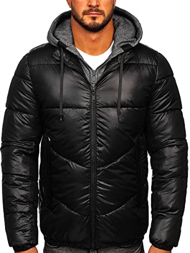 BOLF Herren Winterjacke Steppjacke mit Kapuze Daunenjacke Reißverschluss Sportjacke Zip Wärme Freizeit Outdoor Basic Casual Style B2906 Schwarz 3XL [4D4]