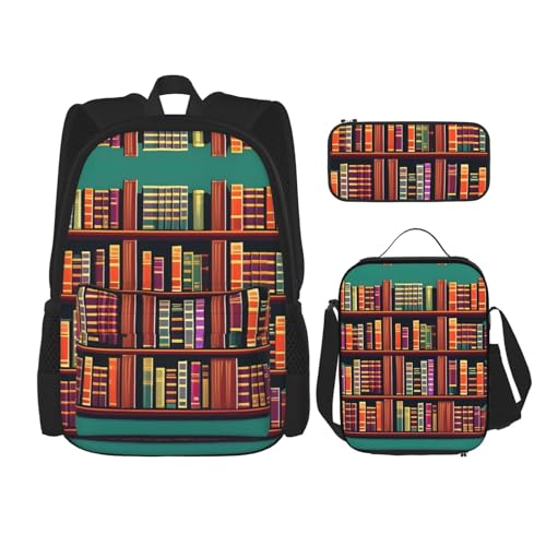 WURTON Bibliothek Bücherregal Druck Reise Lunchbox Federmäppchen Rucksack Set 3 Stück Verstellbare Träger Leicht