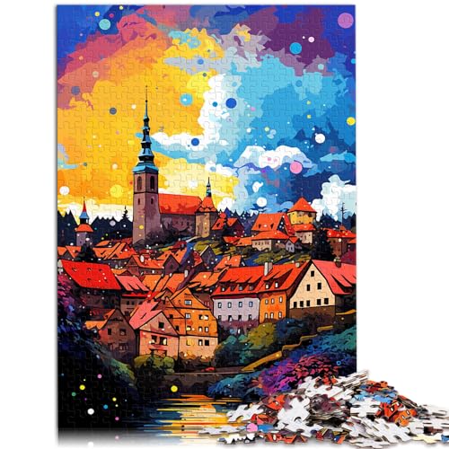 Puzzle zum Verschenken, farbenfrohes psychedelisches Motiv von Cesky Krumlov, 1000 Teile, Puzzle für Erwachsene, Holzpuzzle, 1000 Teile (50 x 75 cm)