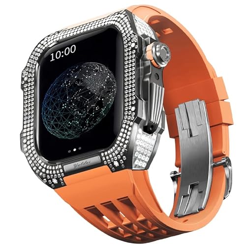 KANUZ Uhren-Modifikationsset, Luxus-Uhrenarmband-Set für Apple Watch 8 Ultra, 45 mm, luxuriöses Viton-Armband, Titangehäuse für iWatch 7, 8, 45 mm, Upgrade-Modifikation (Farbe: Orange 5, Größe: 45 mm)