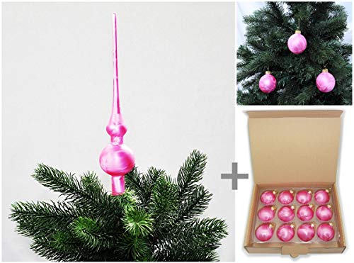 JACK by Thüringer Glas Eislack Christbaumspitze 28cm + 12x Christbaumkugeln 6cm Spitze Weihnachtskugel Set, Farbe:Pink Eislack