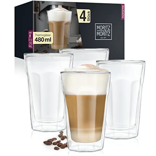 Moritz & Moritz Gläser Set 4 x 480 ml, Doppelwandig – für Kaffee, Tee, Latte, Macchiato, Longdrinks oder Dessert - Spülmaschinengeeignet