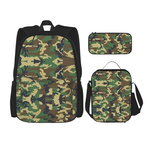 WURTON Grüner Militär-Camouflage-Druck, trendige Rucksacktaschen, Lunchbox und Federmäppchen, 3-in-1, verstellbares Rucksack-Set, Schwarz, Einheitsgröße, Schwarz , Einheitsgröße