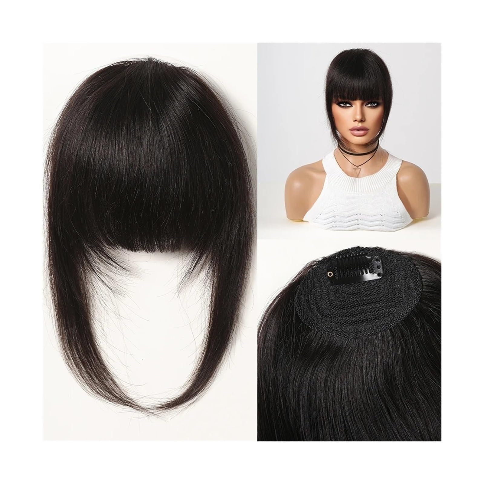 Pony Extension für Damen Echthaar-Pony-Haarteile mit Fransen, stumpfer Schnitt, natürlicher Air-Pony-Clip-in-Haarverlängerung über dem Kopf, Schwarzbraun, Remy-Haar for Frauen Fringe Bangs(HLH1005-1)