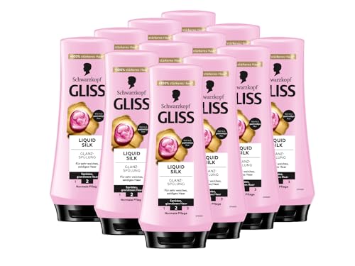 Gliss Spülung Liquid Silk (12x 200 ml), Haarspülung mit Ceramide & Seide pflegt sprödes und glanzloses Haar intensiv, Pflegespülung für Haare wie Seide