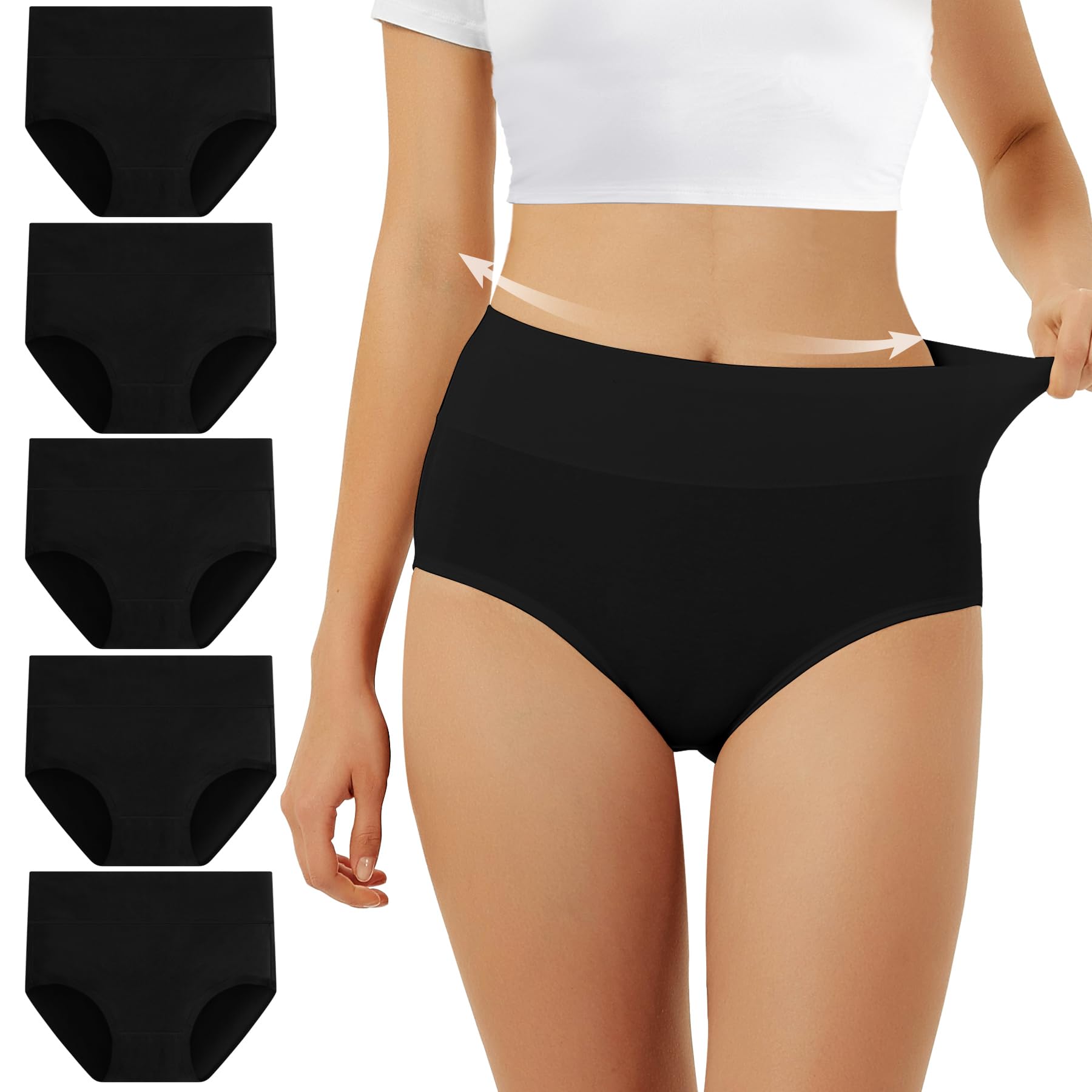 FALARY Unterhosen Damen Baumwolle Hohe Taille 5er Pack Stretch Atmungsaktiv Panties Weich Frauen Unterwäsche L Schwarz