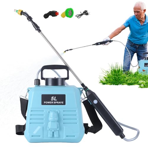 Nbhuiakl Elektrischer Drucksprüher, Akku-Sprühgerät mit 1,35 Gallonen/5 l, Gartensprüher, batteriebetrieben, wiederaufladbarer Griff mit einziehbarem Stab für Garten, Rasen, Bewässerung