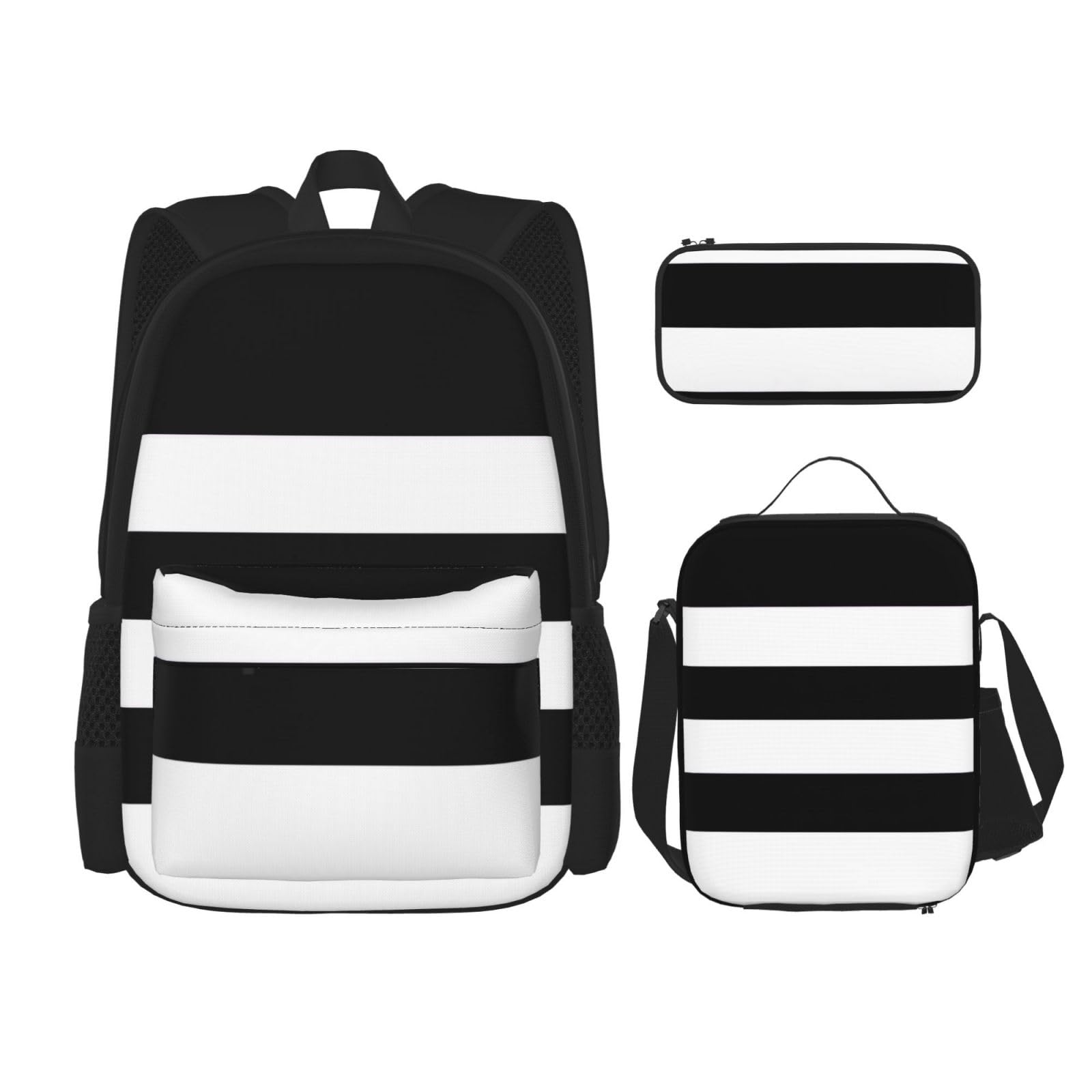 WURTON Streifen Schwarz Weiß Druck Reise Lunchbox Federmäppchen Rucksack Set 3 Stück Verstellbare Träger Leicht, Schwarz, Einheitsgröße