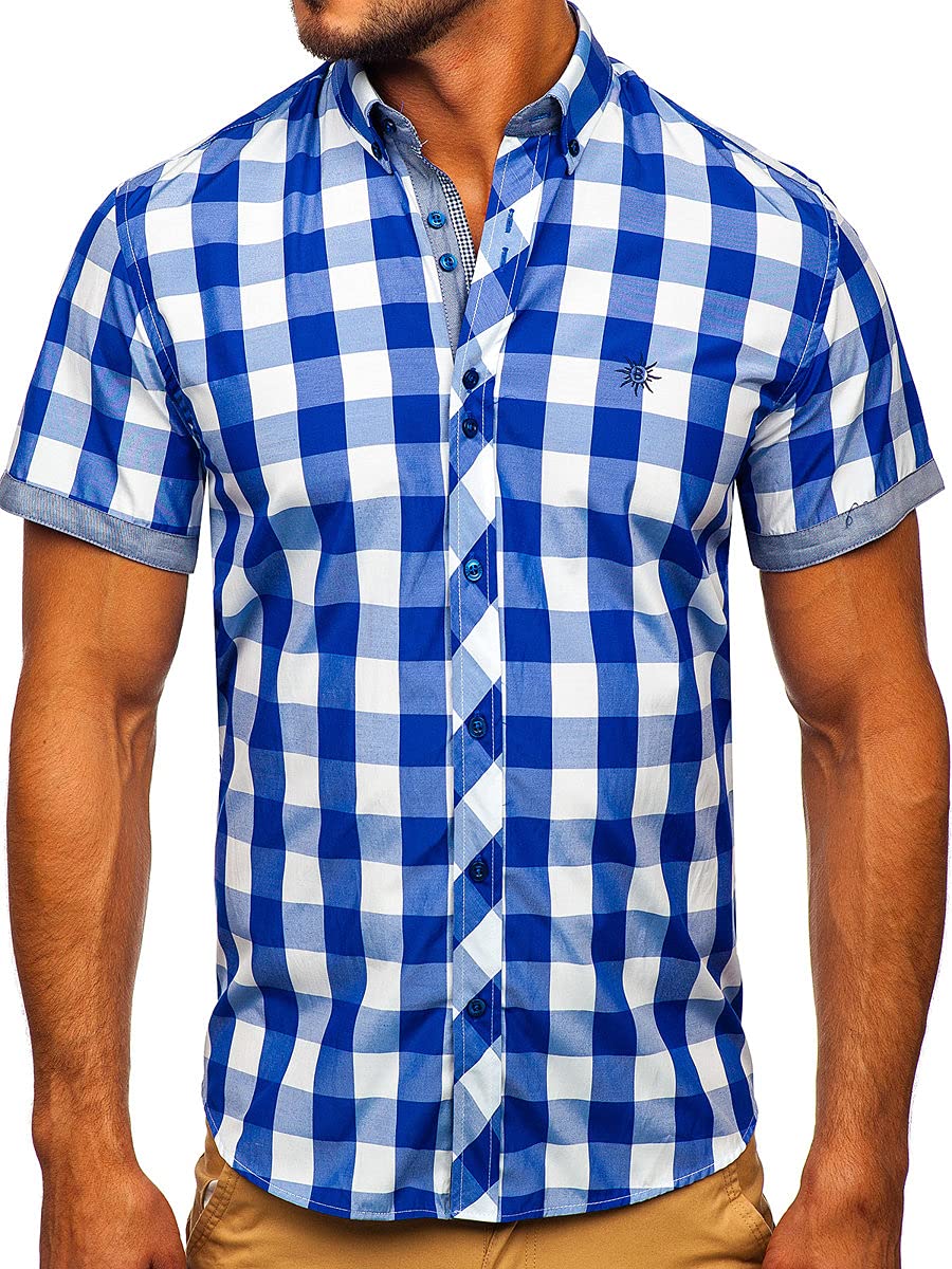 BOLF Herren Kurzarmhemd Kariert Freizeithemd Kurzärmliges Elegant Business Party Hemd Kentkragen Sommer Farbwahl Slim Fit Casual Style 6522 Mittelblau M [2B2]