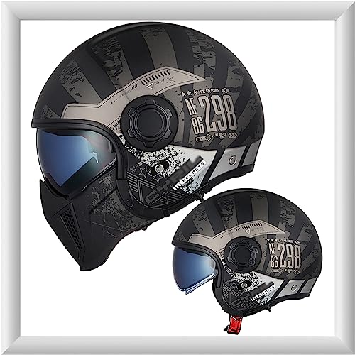 Motorrad Jethelm für Damen und Herren mit Doppelvisier - Vintage Motorradhelm Integralhelme mit ECE 22.05 Zulassung - Abnehmbares Kinn - Modularer Halboffener Helm - Coole Persönlichkeit