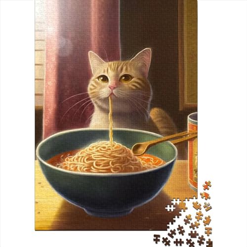 Puzzle für Erwachsene, 1000 lustige Puzzles mit einer Katze, die Ramen isst, aus recycelter Holzplatte, geeignet für Teenager ab 12 Jahren, pädagogisches Puzzle zum Stressabbau, Spielzeug-Puzzle