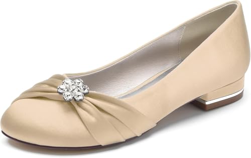 Satin-Hochzeitskleid-Schuhe für die Braut, Flache Schuhe, spitzer Zehenbereich, geschlossener Zehenbereich, Brautschuhe für die Hochzeit, Sandalen für Damen, Flache Sandalen, Champagner, 8 U