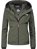 MARIKOO leicht gefütterte Damen Übergangsjacke kurz Outdoor-Jacke mit kuscheligem Fleece-Innenfutter und großer Kapuze Erdbeere Olive Gr. XS