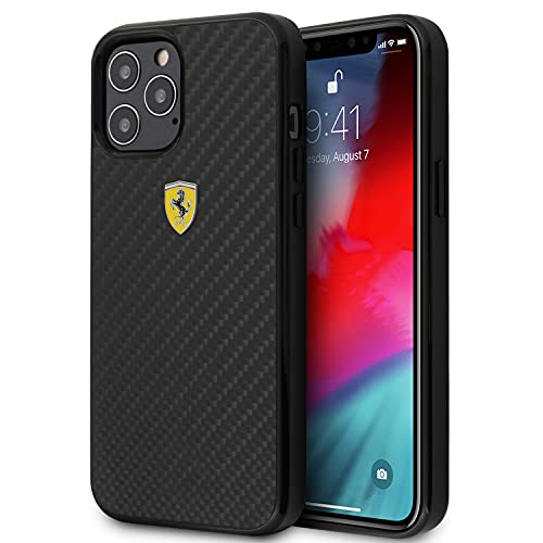 CG MOBILE Ferrari iPhone 12 Pro Max Hardcase Echt Carbon Fiber mit On Track Metall Logo Schwarz, FESSIHCP12LRE