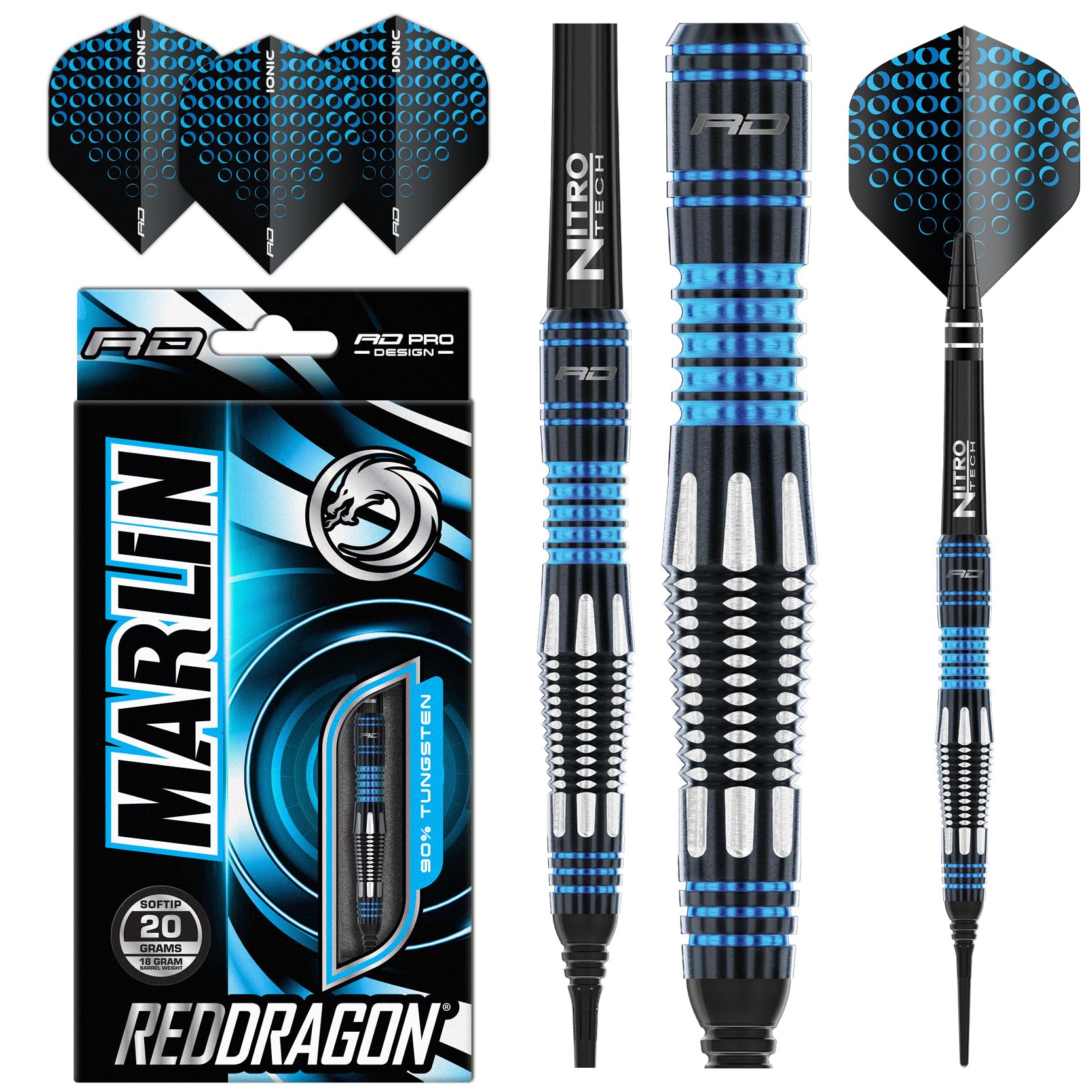 RED DRAGON Marlin Softip: 20 Gram Professional Tungsten Darts Set with Flights and Stems