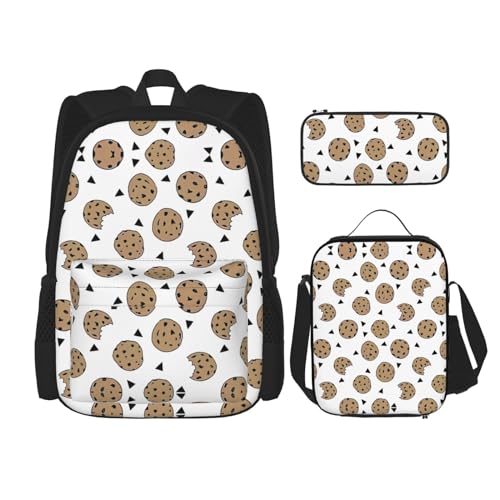 WURTON Cookies 3-in-1 Büchertaschen-Set, verstellbarer Schulter-Rucksack, Lunch-Tasche, Federmäppchen, Tasche, Schwarz, Einheitsgröße