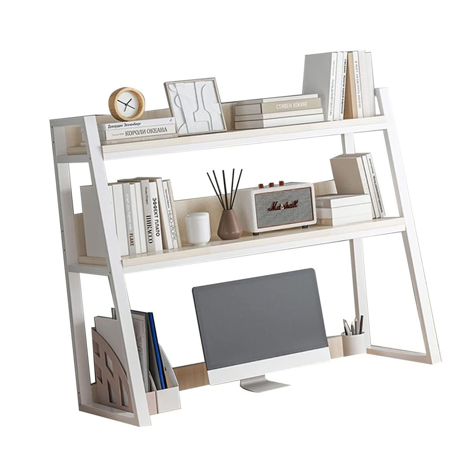 Bücherregal für Computer-Desktop - Trapezförmiges Desktop-Bücherregal, Industrielles Computer-Schreibtisch-Desktop-Regal, Büro-Desktop-Organizer-Regal, Mehrzweck-Arbeitsplatten-Aufbewahrungsdisplay-