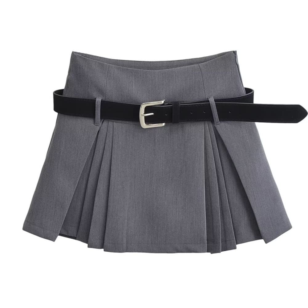 BANLUX Damenrock - Schwarzer Mini-Faltenrock Frau Sommer Hohe Taille A-Linienrock Mit Gürtel College-Stil Mode Kleid Rock,Grau,M