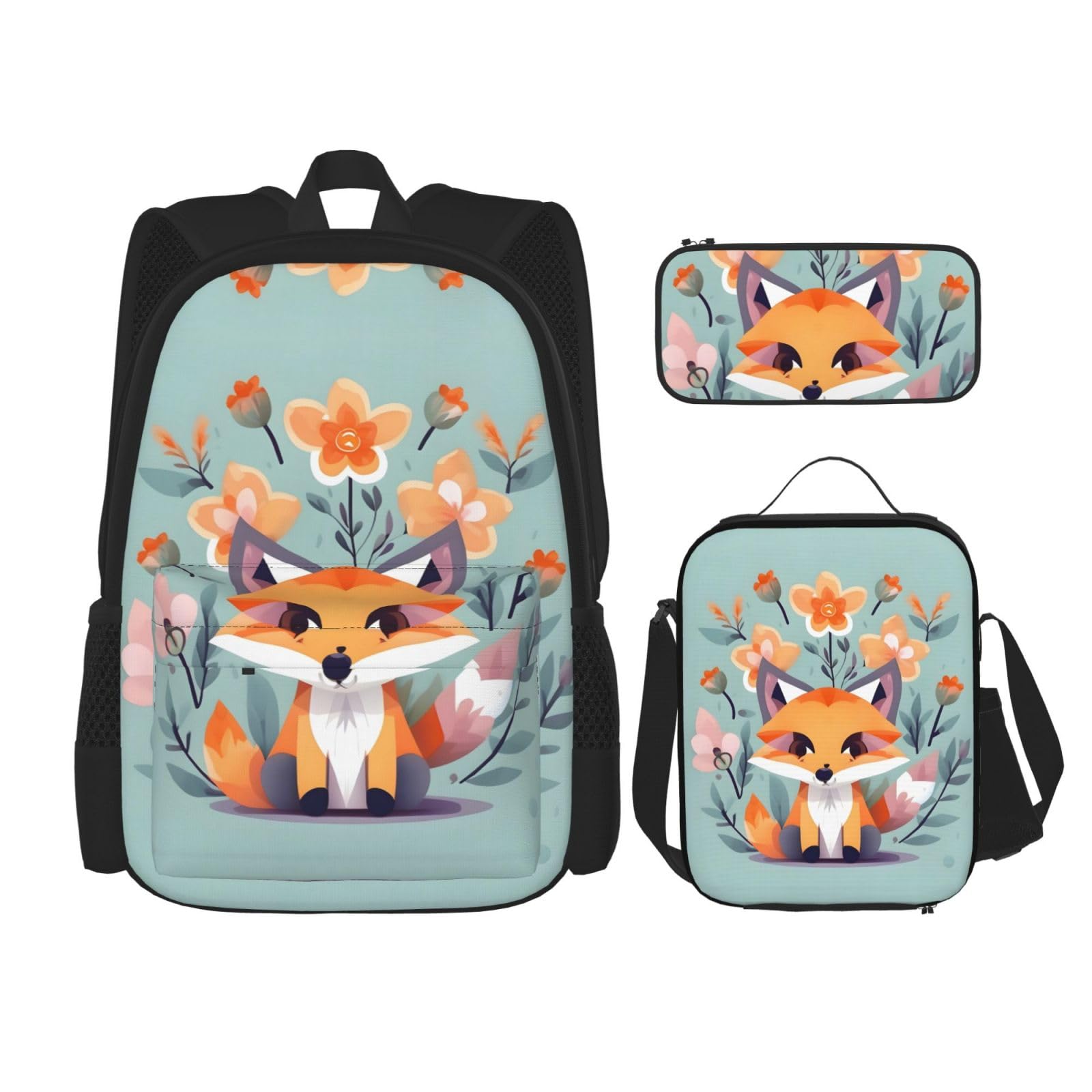 YQxwJL 3-in-1-Rucksack-Büchertaschen-Set, niedlicher Goldfisch-Druck, lässiger Reiserucksack, mit Federmäppchen, Lunchtasche, Niedliche Fuchs-Blumen, Einheitsgröße