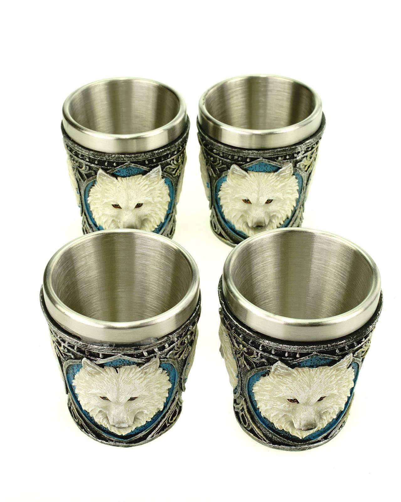 Vogler 816-1270 4er Set Shotglas Weißer Wolf mit Stahleinsatz Glas Whiskyglas