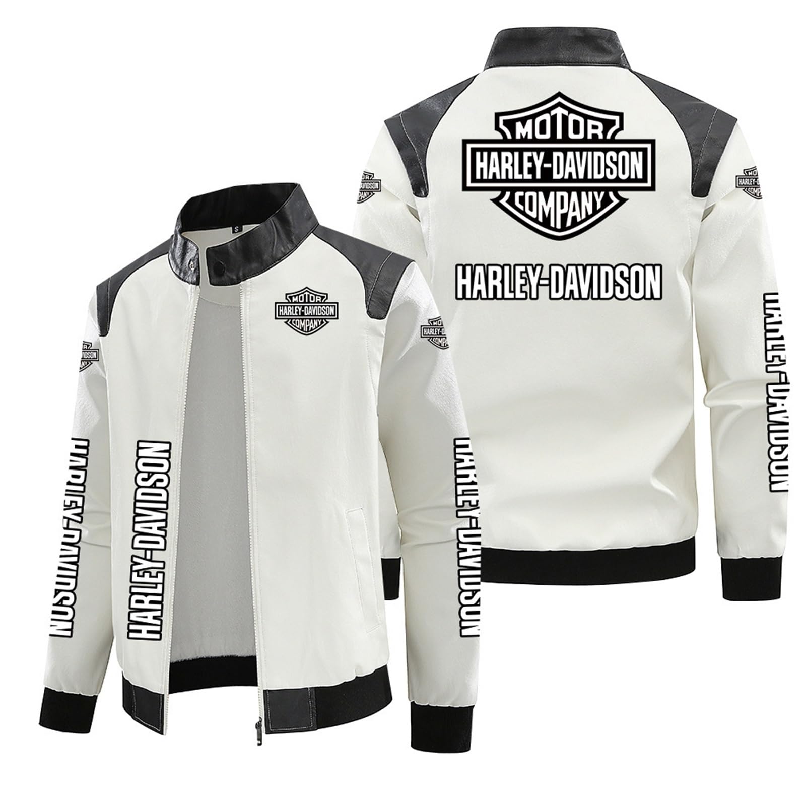 RYNDEX Lederjacke Herren Har.ley David-son, Kunstlederjacke Reißverschluss, PU Bikerjacke für, Kunstlederjacke(White,L)