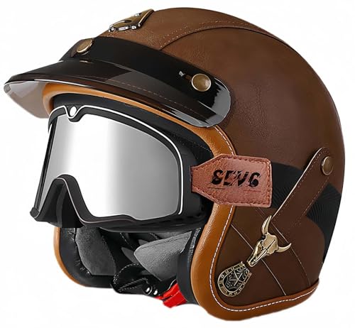 3/4 Vintage Helm Retro Motorradhelm Erwachsene Halbhelm ECE Approved Vintage Für Männer Und Frauen Mit Schutzbrille Offenes Gesicht Mopedhelm C,L57-60CM